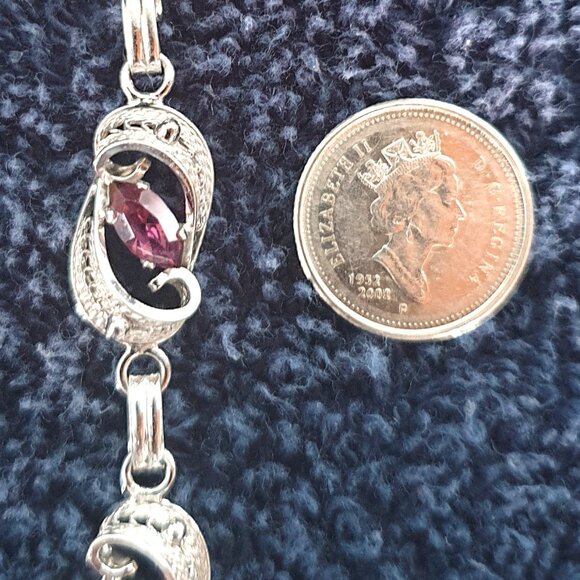 Rare Vintage Filigree Sterling Purple Rhinestone Crystal Art Nouveau Bracelet - Picture 5 of 15